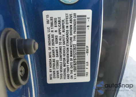 2015 Honda Civic Ex z USA, uszkodzony, nr VIN 19XFB2F87FE272672